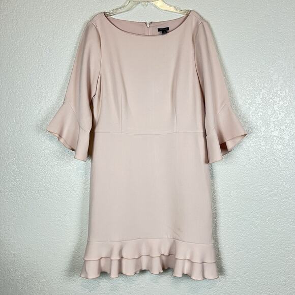 Ann Taylor Pastel Pink Flare 3/4 Sleeve Boat Neck Flounce Hem Sheath Dress Sz 10 - Picture 4 of 12